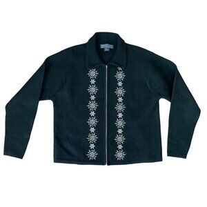 Vintage Herman Geist Womens Wool Sweater Black Snowflake Embroidered Cardigan